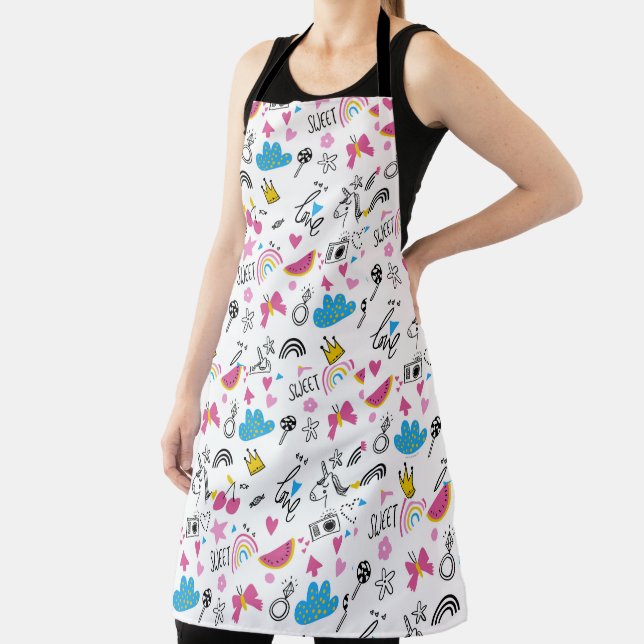 Cute Girly Unicorn Rainbow Fun Colourful Pattern Apron (Insitu)