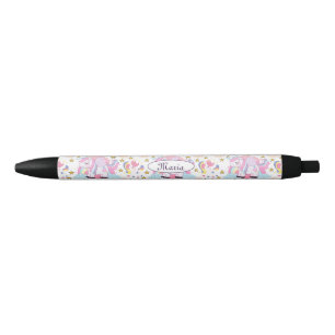 Cute Girly Unicorn Rainbow Stars Custom Name Black Ink Pen