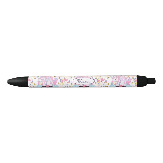 Cute Girly Unicorn Rainbow Stars Custom Name Black Ink Pen (Front)