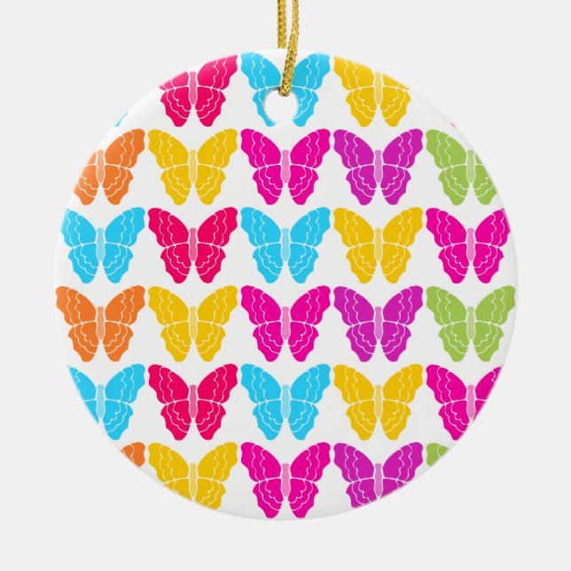 Cute Girly Vibrant Rainbow Butterfly Pattern  Ceramic Ornament (Front)