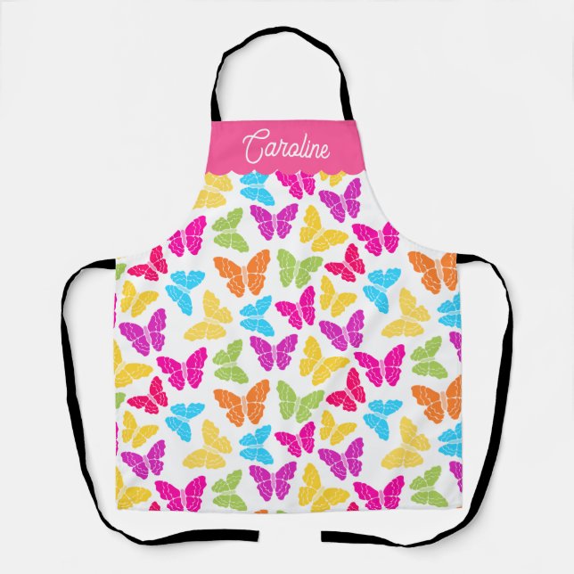 Cute Girly Vibrant Rainbow Butterfly Pattern Name Apron (Front)