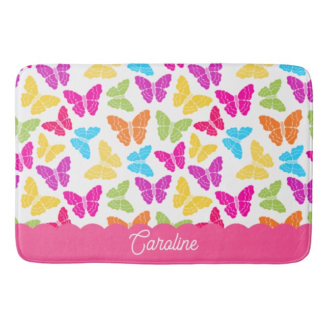 Cute Girly Vibrant Rainbow Butterfly Pattern Name Bath Mat (Front)