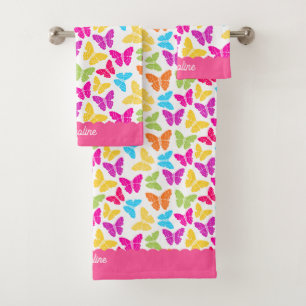 Cute Girly Vibrant Rainbow Butterfly Pattern Name Bath Towel Set