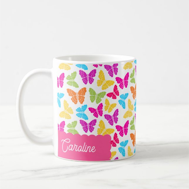 Cute Girly Vibrant Rainbow Butterfly Pattern Name Coffee Mug (Left)