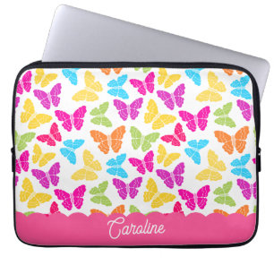 Cute Girly Vibrant Rainbow Butterfly Pattern Name Laptop Sleeve
