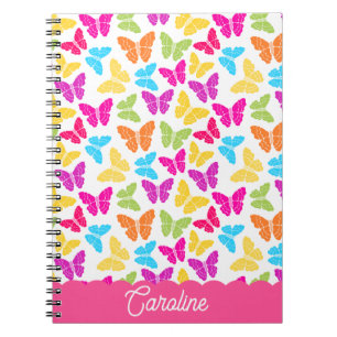Cute Girly Vibrant Rainbow Butterfly Pattern Name Notebook
