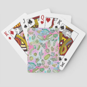 Cute Girly Watercolor Paint Summer Cactus Pattern Playing Cards