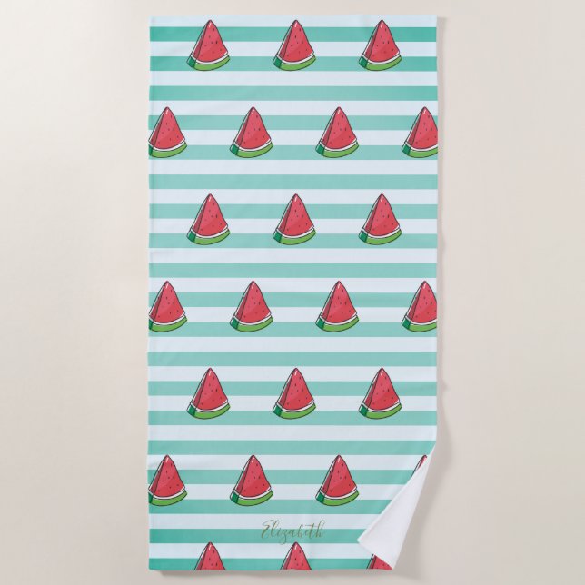 Cute Girly Watermelon Stripes  -Personalised Beach Towel (Front)