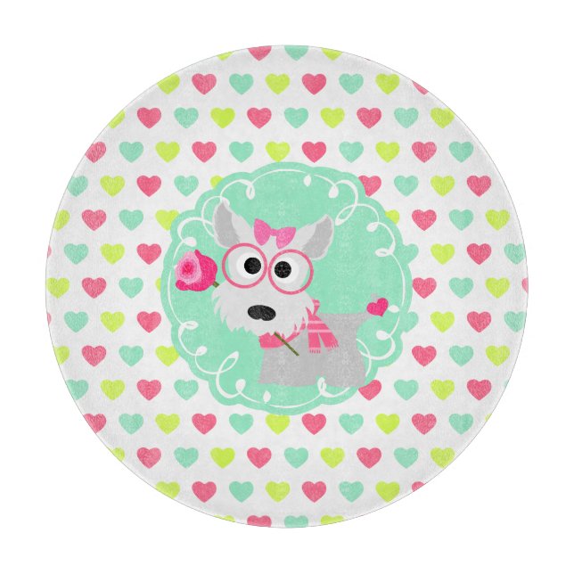 Cute Girly Westie Puppy Pink Mint Hearts Pattern Cutting Board (Front)