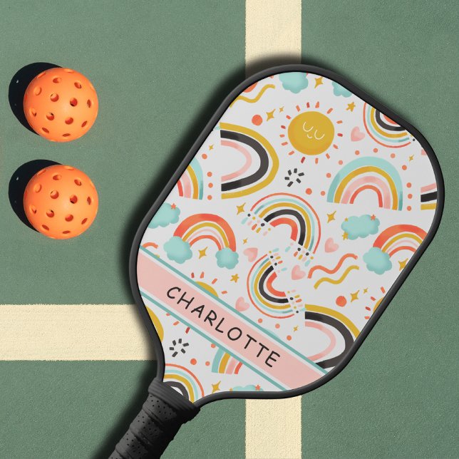 Cute Girly Whimsical Colorful Rainbow Heart Name Pickleball Paddle (Creator Uploaded)