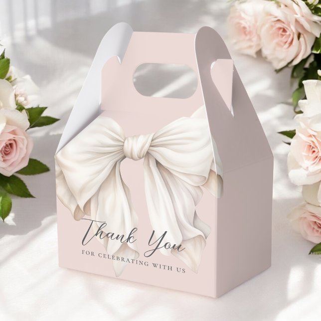 Cute Girly White Bow on Pink Thank You Favour Box (This gable style favor box is available in 3 sizes.)