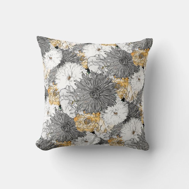 Cute Girly Yellow & Grey Floral Illustration Cushion (Front)