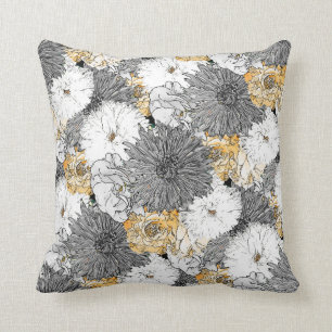 Cute Girly Yellow & Grey Floral Illustration Cushion