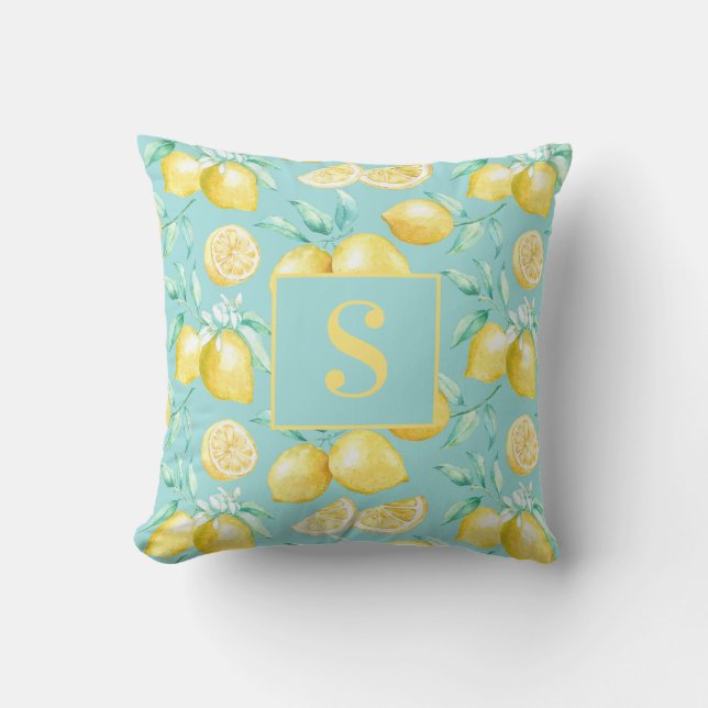 Cute Girly Yellow Lemon Pattern Blue Monogram Cushion (Front)