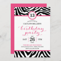 Cute Girly Zebra Print Birthday Party Invitation