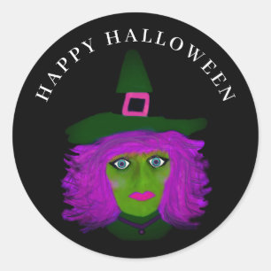 Cute Glam Halloween Witch Black Purple Classic Round Sticker
