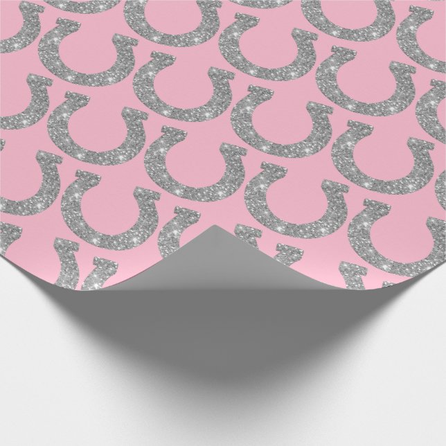 Cute Glam Horseshoe Silver Pink Glitter Wrapping Paper (Corner)