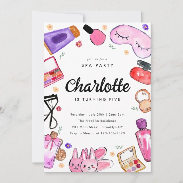 Cute Glam Makeup Girls Pajama Slumber Spa Birthday Invitation (Front)