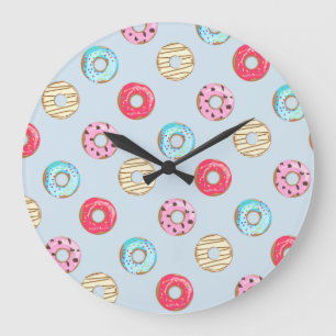 Cute Glazed Donut Pattern Light Blue Large Clock