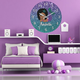 Cute Glitter African American Mermaid Large Clock