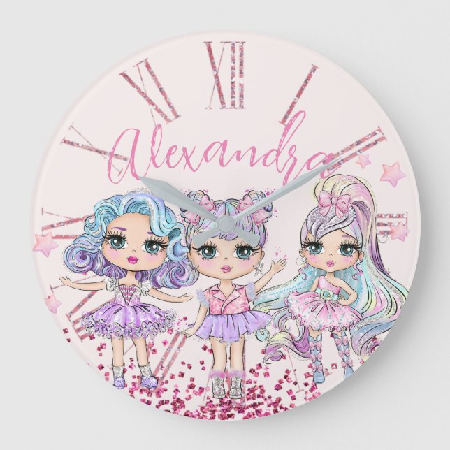 Cute Glitter Dolls Girl's Name on Pink Large Clock (Front)