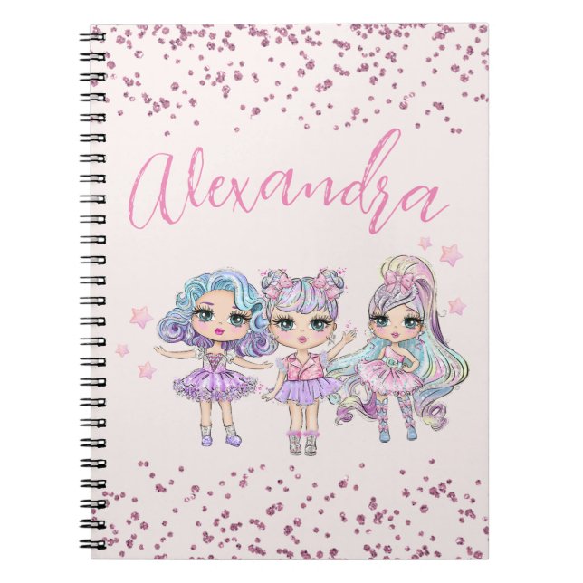 Cute Glitter Dolls Girl's Name on Pink Notebook (Front)