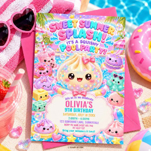 Cute Glitter Dumpling Squishy Pool Party Birthday Invitation