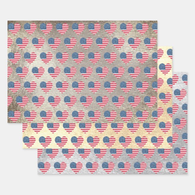   Cute Glitter Hearts Patriotic American USA Flag  Wrapping Paper Sheet (Set)
