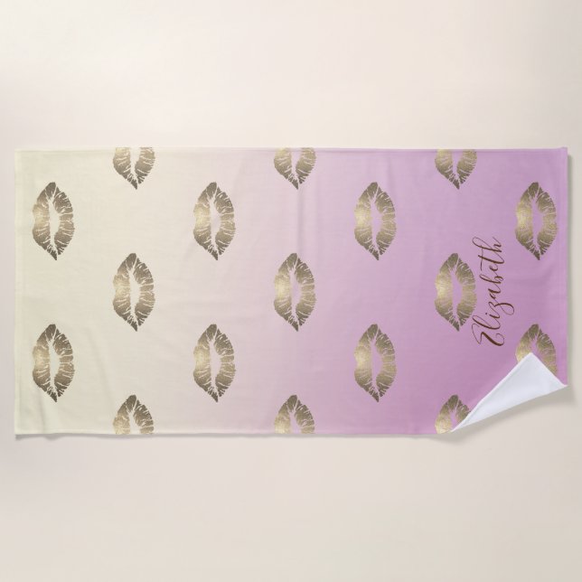Cute Glitter Lips ,Ombre  -Personalised Beach Towel (Front)