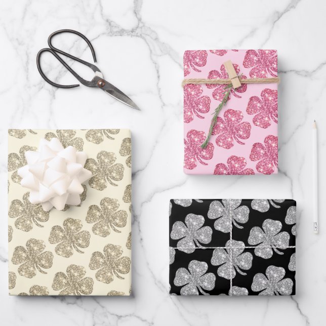 Cute Glitter Lucky Clover Pink Black Beige Wrapping Paper Sheet (Front)
