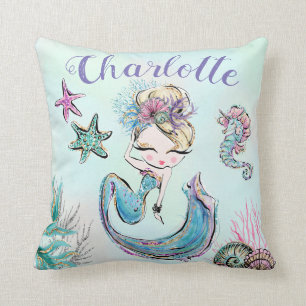 Cute Glitter Mermaid with Blonde Hair Custom Name Cushion
