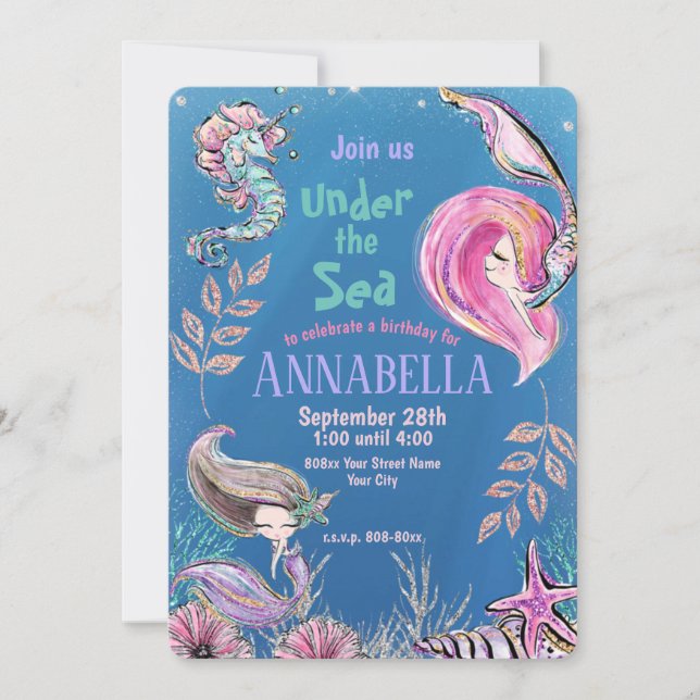 Cute Glitter Mermaids Under the Sea Party Invitation (Front)