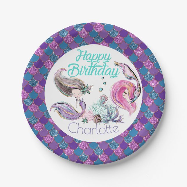 Cute Glitter Mermaids with Custom Name Paper Plate (Front)