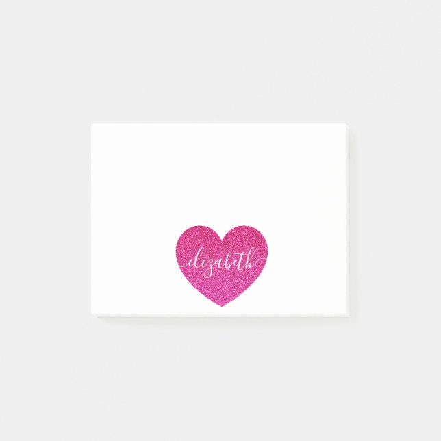 Cute Glitter Pink Heart Personalised Girly Name Post-it Notes (Front)