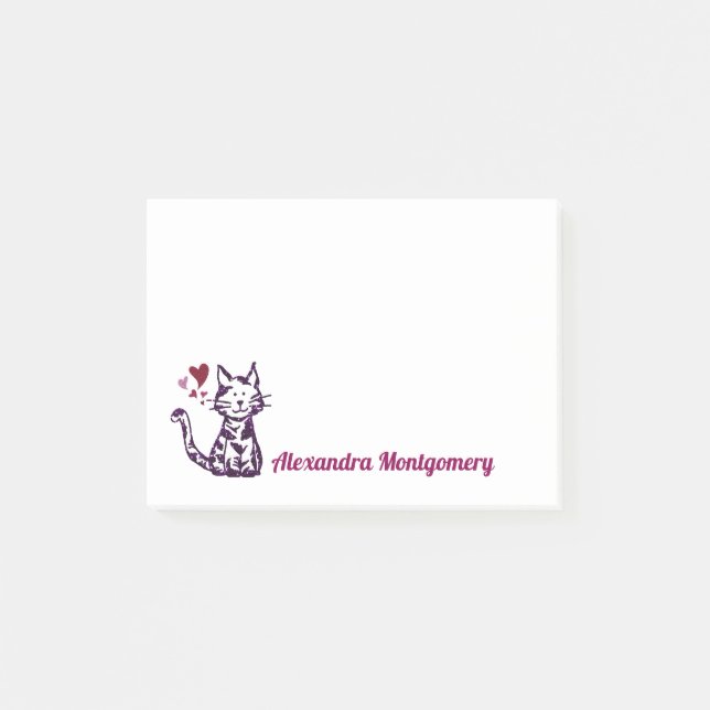 Cute Glitter Purple Cat Pink and Red Hearts Post-it Notes (Front)