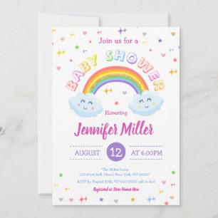 Cute Glitter Rainbow Colourful Clouds Baby Shower Invitation