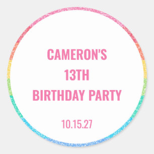 Cute Glitter Rainbow Colourful Custom Birthday Classic Round Sticker