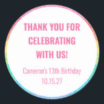 Cute Glitter Rainbow Custom Birthday Thank You Classic Round Sticker<br><div class="desc">Cute Glitter Rainbow Stripes Colourful Custom Birthday Party Thank You Classic Round Sticker</div>