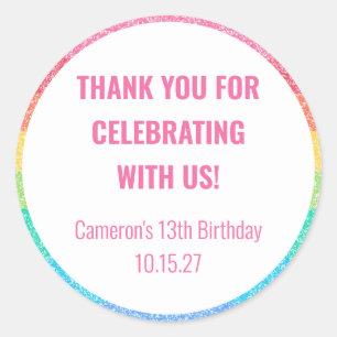 Cute Glitter Rainbow Custom Birthday Thank You Classic Round Sticker