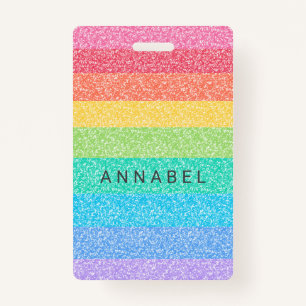 Cute Glitter Rainbow Stripes Colourful Custom Name ID Badge