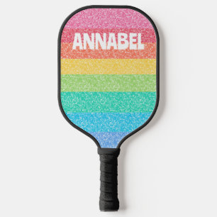 Cute Glitter Rainbow Stripes Colourful Custom Name Pickleball Paddle