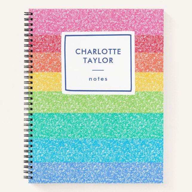 Cute Glitter Rainbow Stripes Colourful Name Writin Notebook (Front)