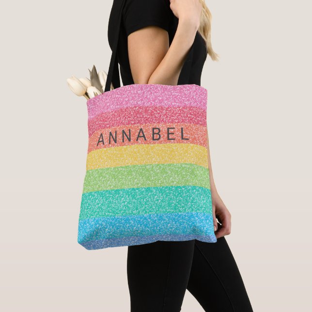 Cute Glitter Rainbow Stripes Colourful Pattern Nam Tote Bag (Close Up)