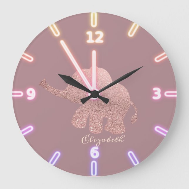 Cute Glitter  Rose Gold  Elephant - Personalised Large Clock (Front)