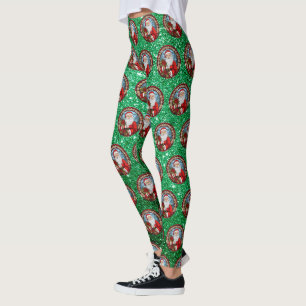 Cute Glitter Santa Green Christmas Leggings