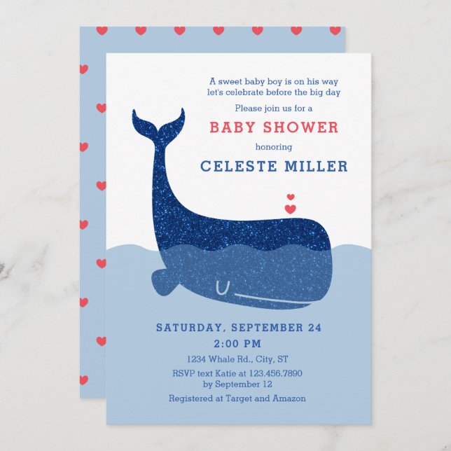 Cute Glitter Whale Baby Shower Invitation (Front/Back)
