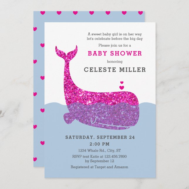 Cute Glitter Whale Baby Shower Invitation (Front/Back)