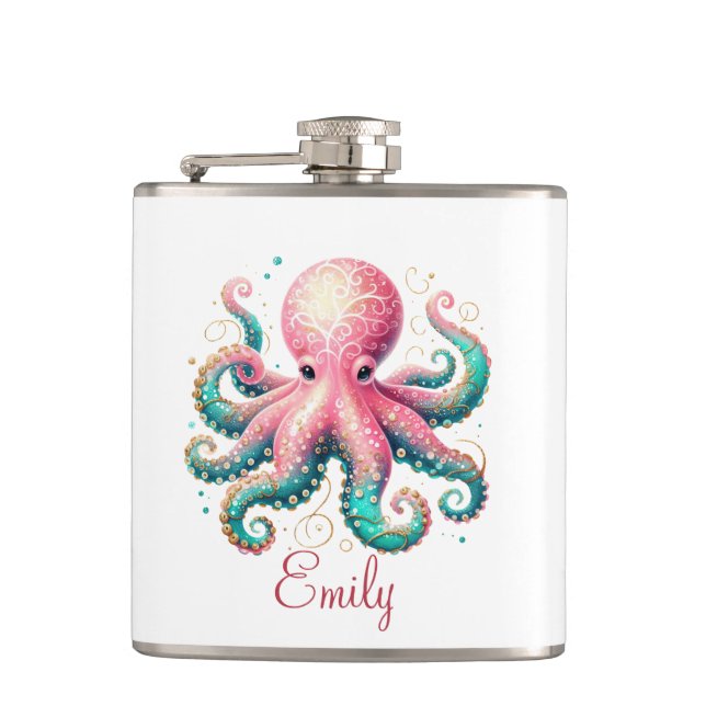 Cute Glittery Octopus Custom Monogram Hip Flask (Front)