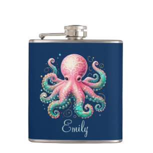 Cute Glittery Octopus Custom Monogram Hip Flask