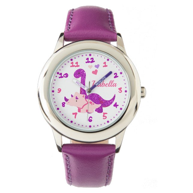Cute Glittery Purple Dinosaur Personalised Watch (Front)